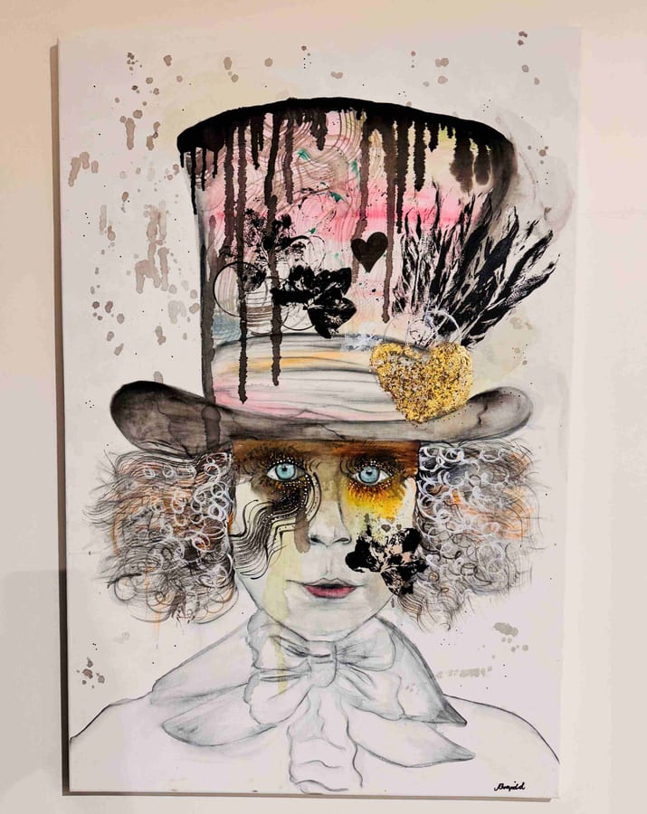 A loose watercolour figure in an oversized dripping top hat, one eye gold, one eye pale.