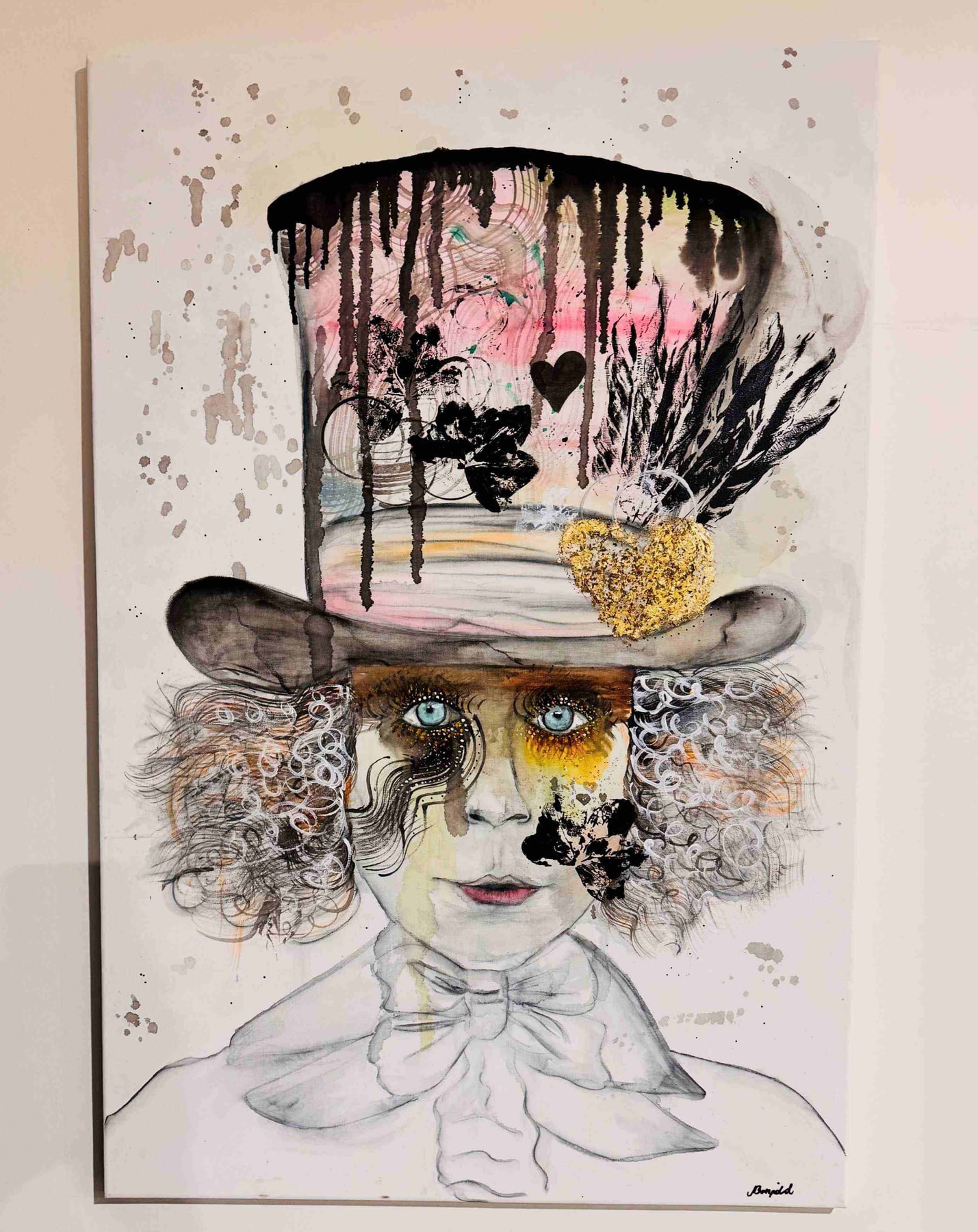 A loose watercolour figure in an oversized dripping top hat, one eye gold, one eye pale.