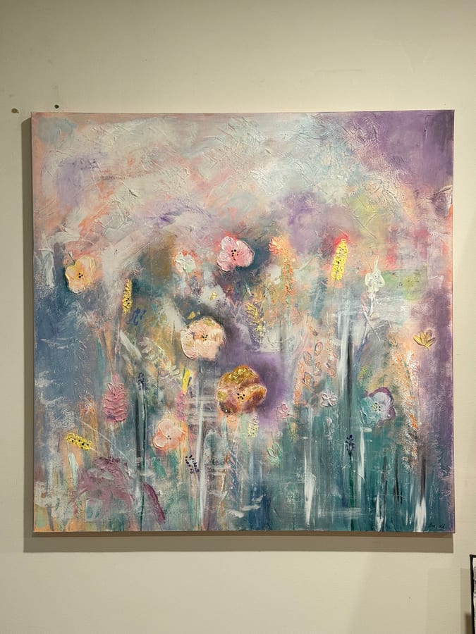 Square abstract: dense drifts of pink, gold and teal blooms across a pale textured field.