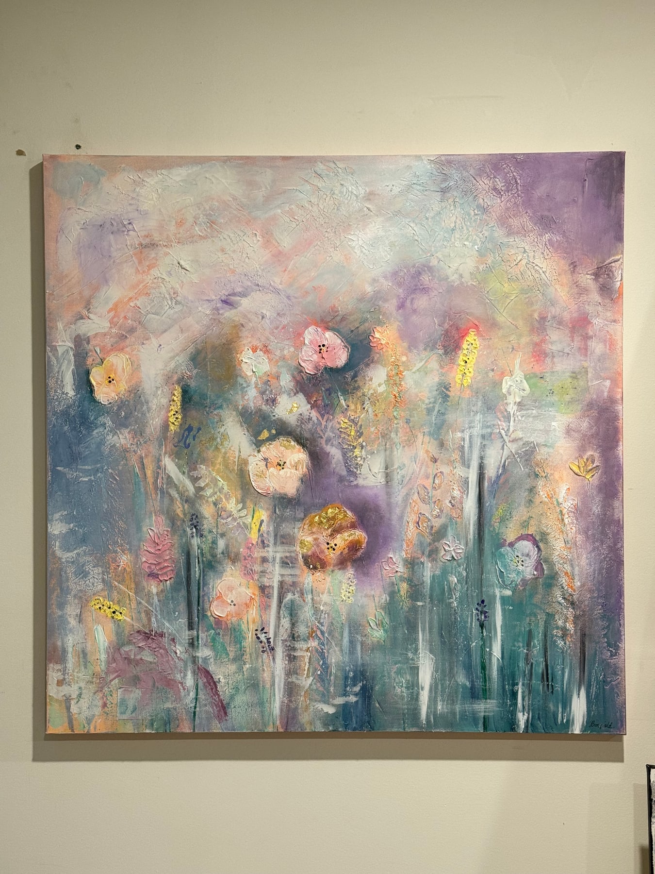 Square abstract: dense drifts of pink, gold and teal blooms across a pale textured field.