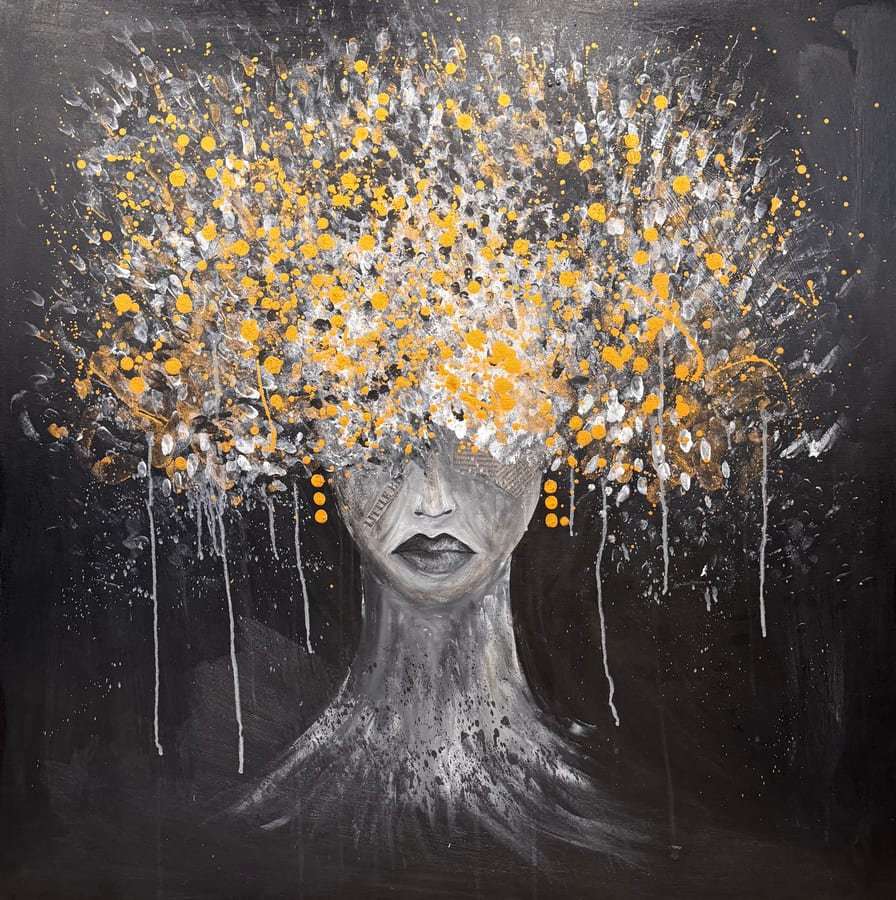 A face formed from a tree trunk, crowned with a spill of gold and white branches.
