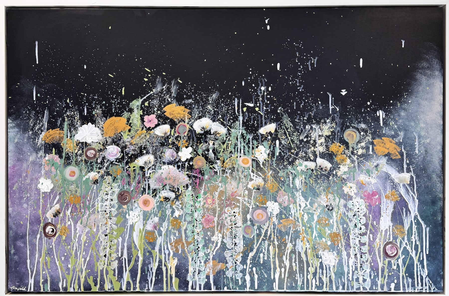 A wide black nightscape with a meadow of bright flowers rising through the dark.