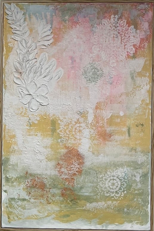Pale abstract with raised white floral relief and soft pink and green washes.
