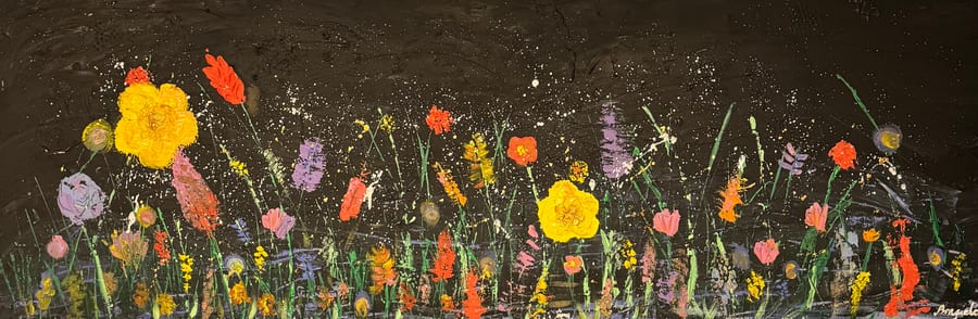 A long panoramic canvas of small bright wildflowers glowing against a dark ground.