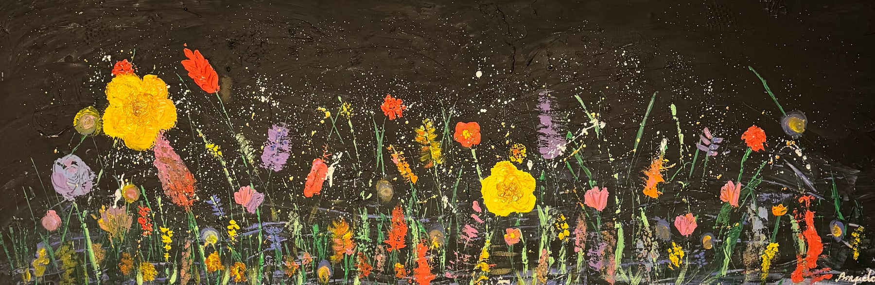 A long panoramic canvas of small bright wildflowers glowing against a dark ground.