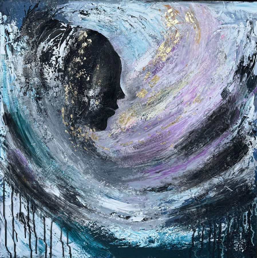 Square mixed-media abstract: a dark profile inside a sweeping pale curve, drips falling below.