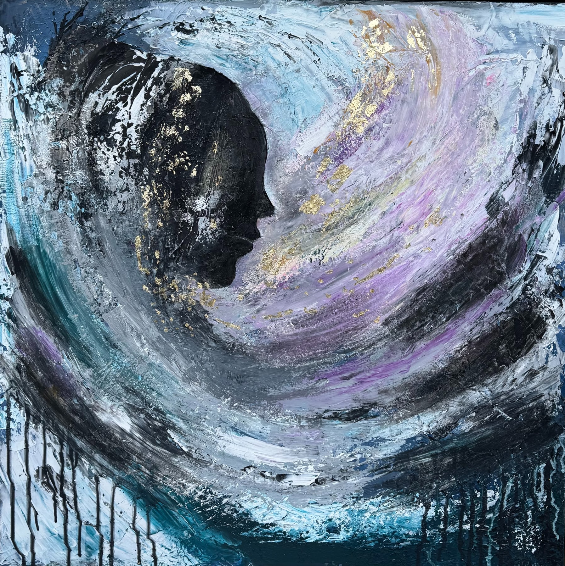 Square mixed-media abstract: a dark profile inside a sweeping pale curve, drips falling below.