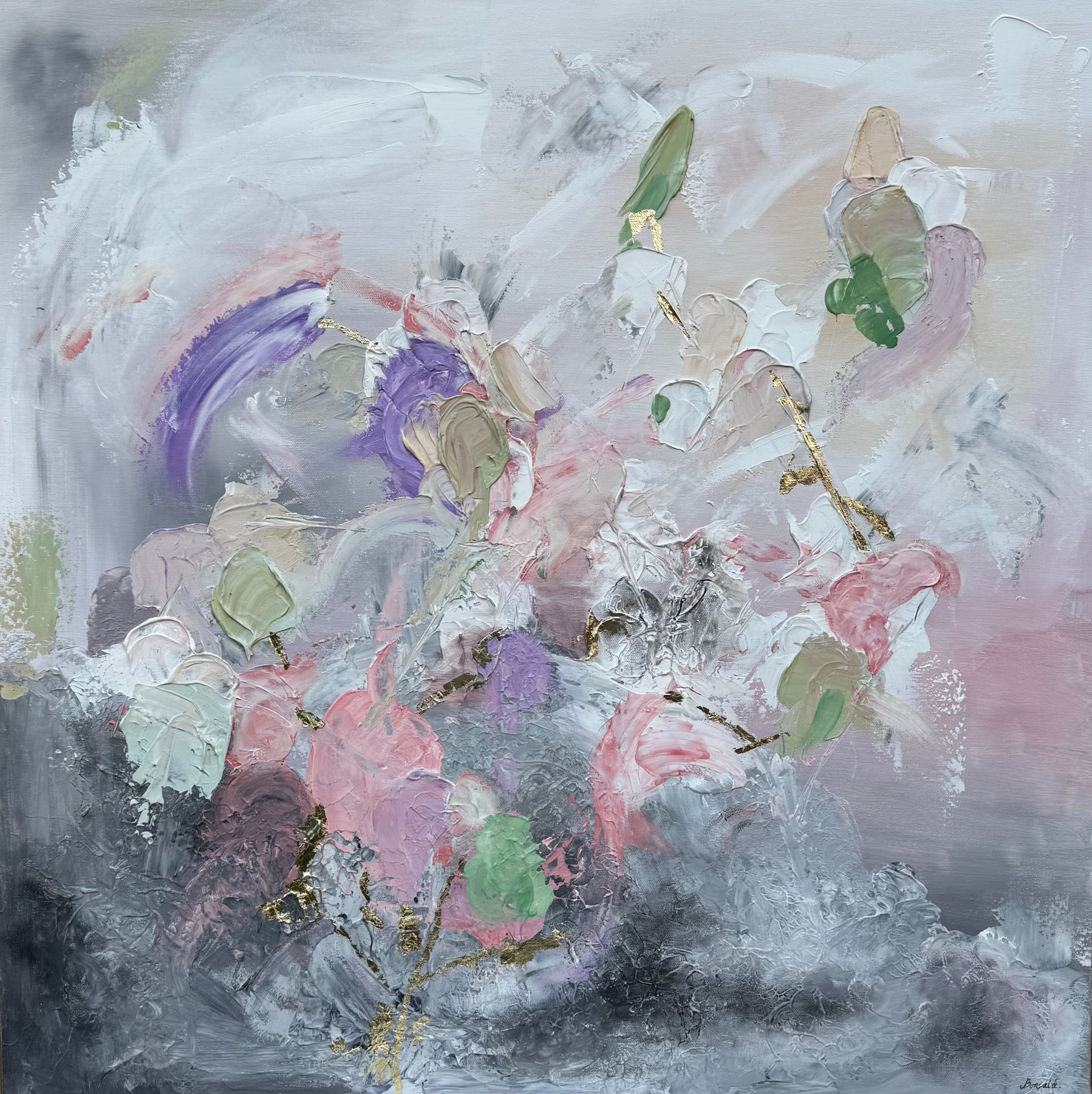 Square mixed-media abstract: loose blooms of pink, green and violet impasto rising through a grey field.