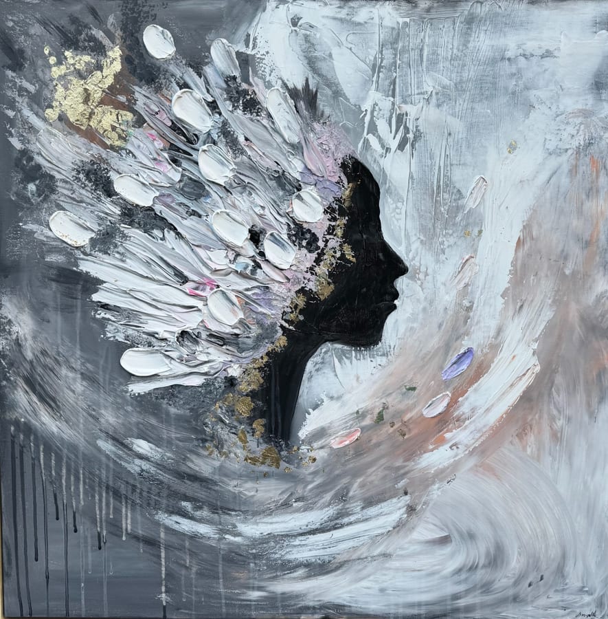 Square mixed-media abstract: a dark profile crowned with thick white petal forms and gold leaf.