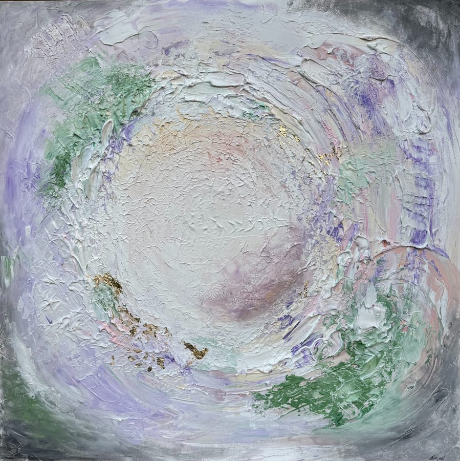 Square mixed-media abstract: a pale circular form built from thick swirling texture, gold flecks at the edges.