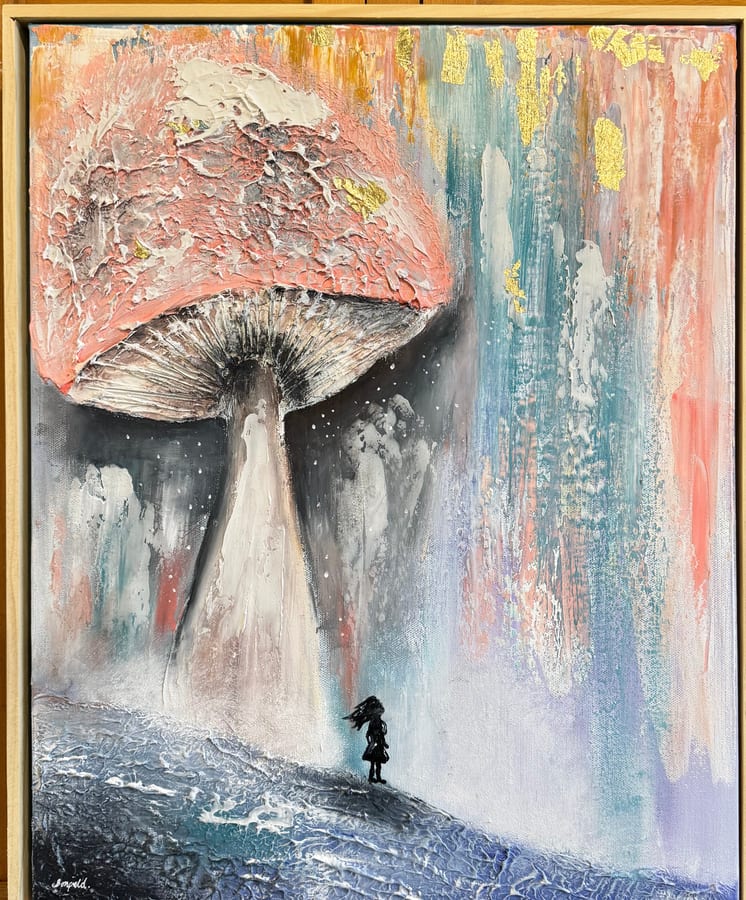A tiny figure standing beneath an oversized coral mushroom.